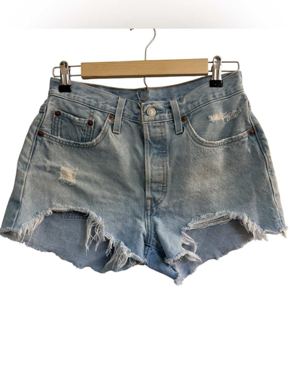 Levi's 501 Original Shorts Women 28 Blue Distressed Premium Cut Off Denim.